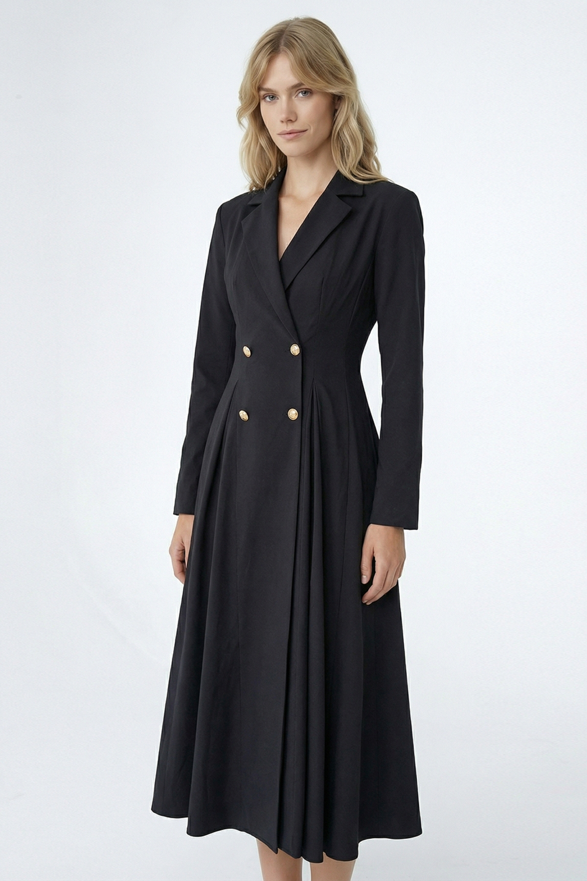 Exquise  Gold Düğme Detaylı Kruvaze Dokuma Midi Blazer Elbise - Görsel 2