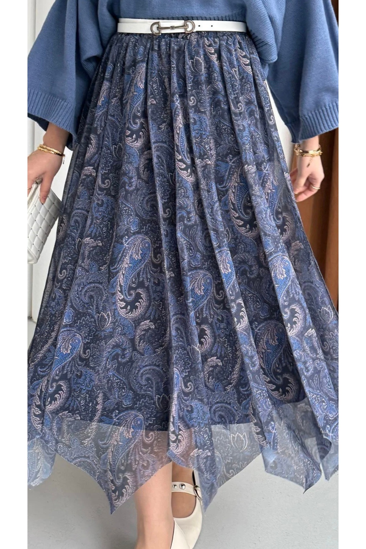 moda biz  Kadın Asimetrik Kesim Beli Lastikli Astarlı Şifon Etek - Görsel 2