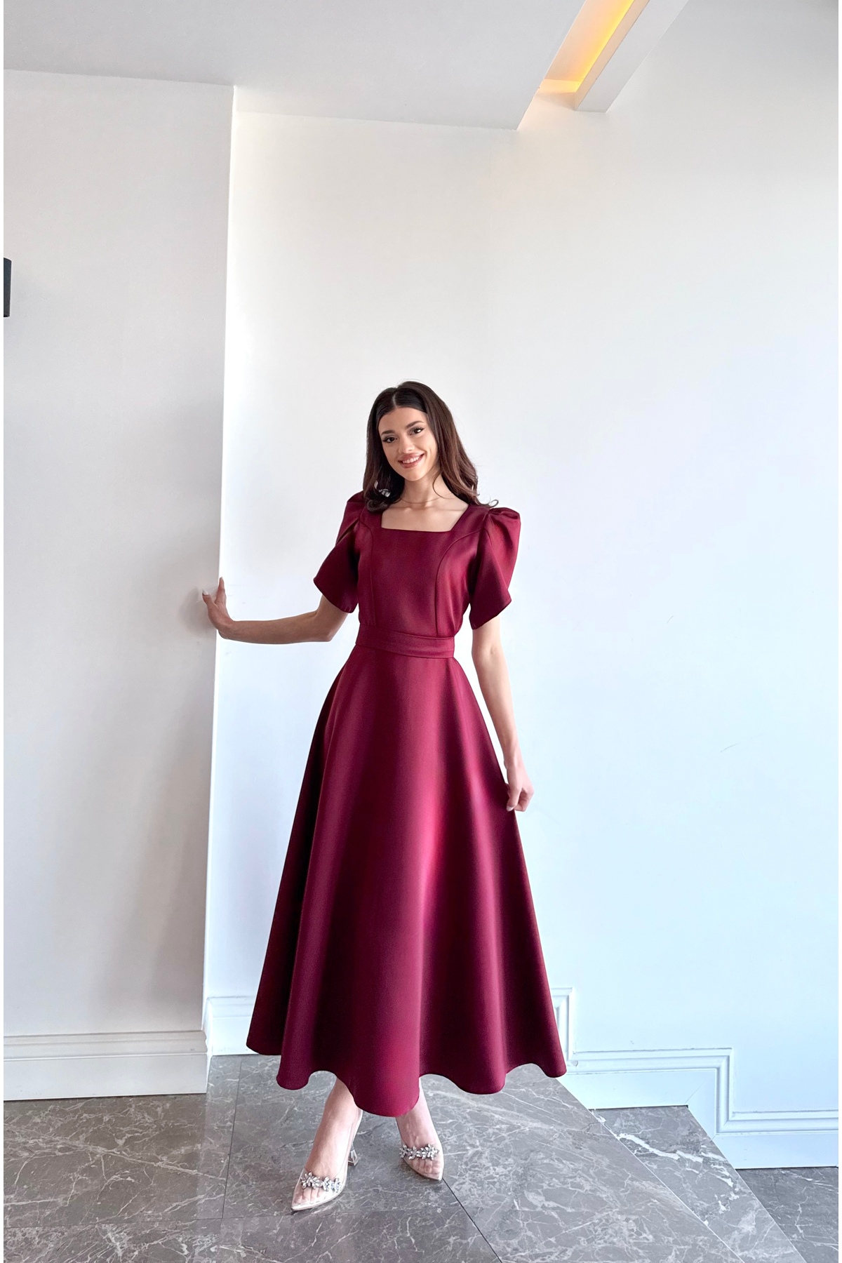 Olen burgundy short sleeve maxi long flared skirt dress evening dress