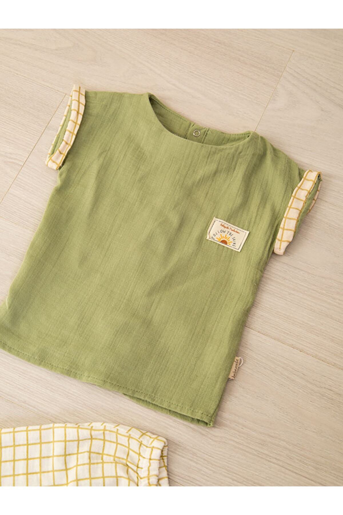 Mika Bebek & Çocuk Haki Yeşil Ekru Gömlek Kareli Pantolon Erkek Bebek Müslin Yazlık Takım fotoğrafı 4 (önizleme)