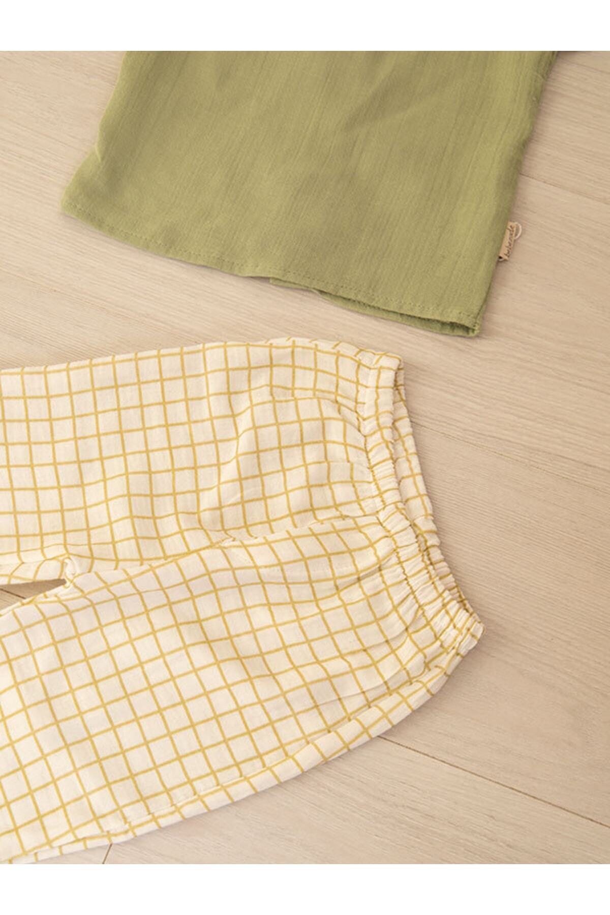 Mika Bebek & Çocuk Haki Yeşil Ekru Gömlek Kareli Pantolon Erkek Bebek Müslin Yazlık Takım fotoğrafı 5 (önizleme)