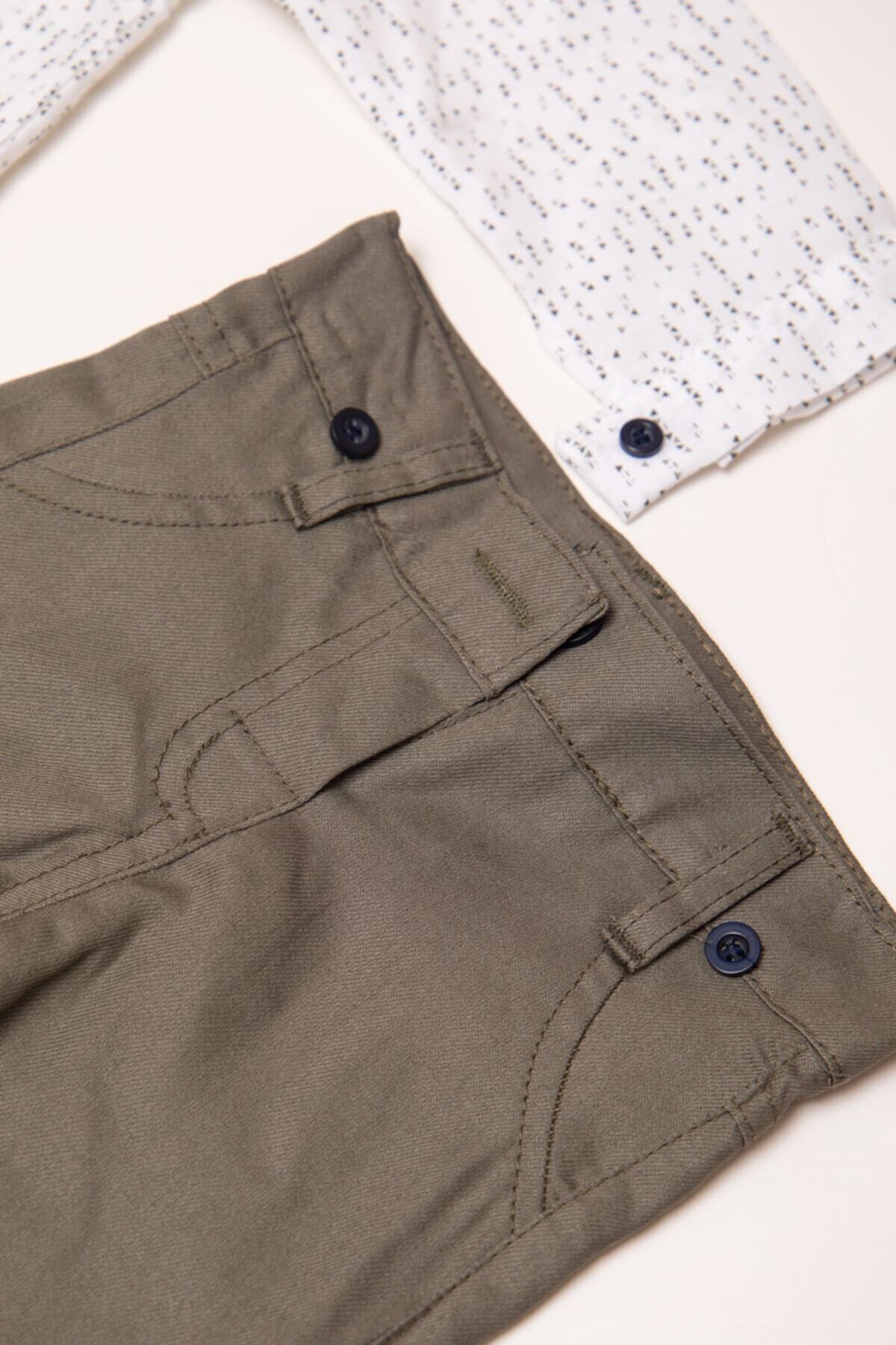 Mika Bebek & Çocuk Dar Kalıp Erkek Bebek Haki Pantolon Gömlek Papyon Salopet Takım fotoğrafı 7 (önizleme)