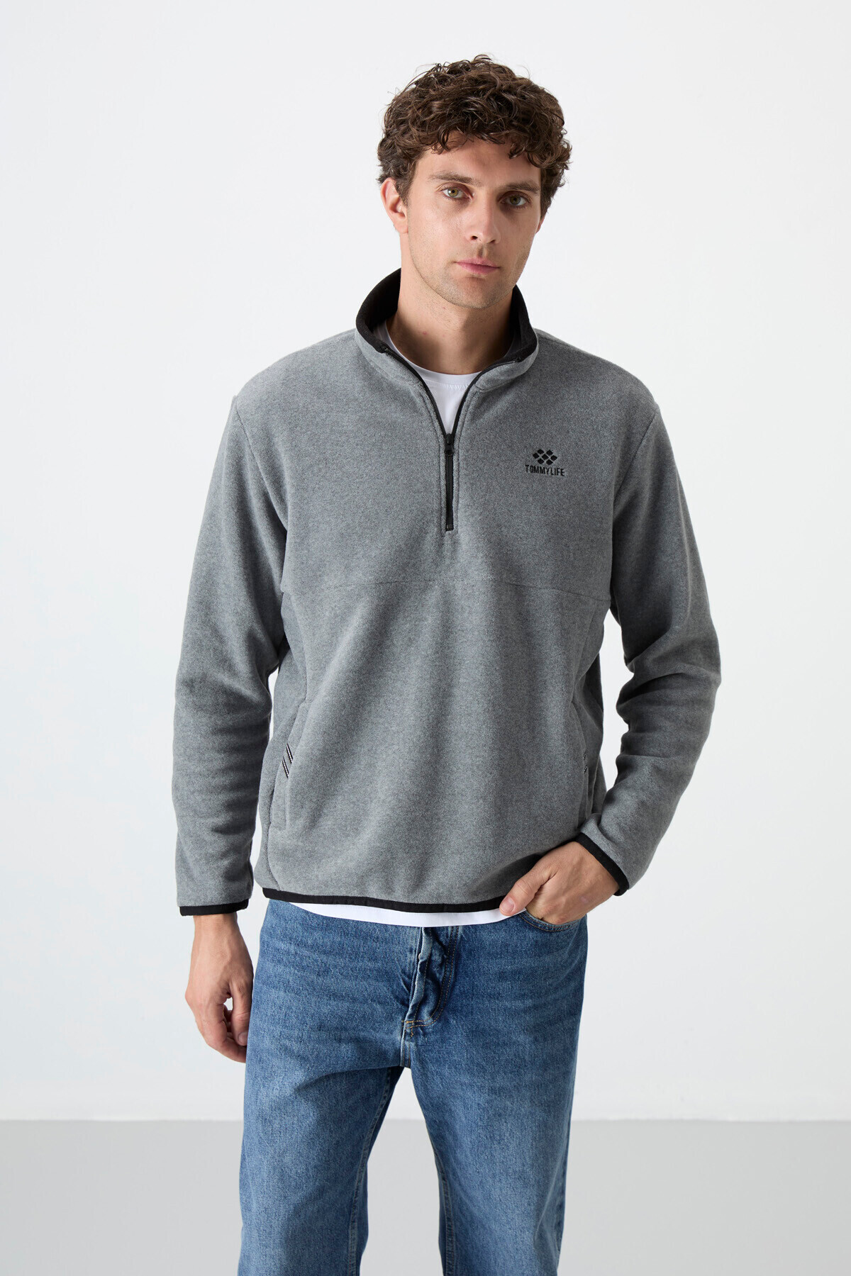 TOMMY LIFE Gri Melanj Yarım Fermuarlı Sweatshirt Slim Fit Dik Yaka Erkek Polar - 87891