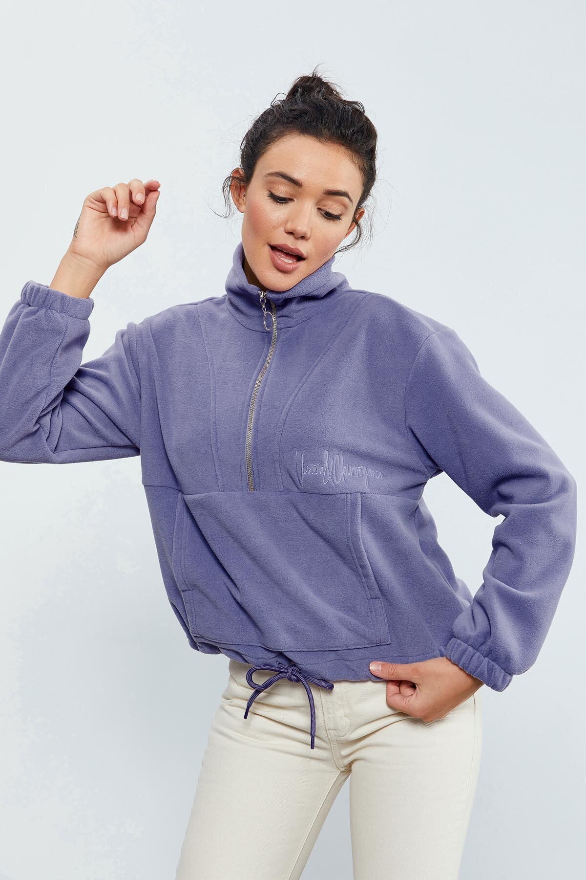 TOMMY LIFE Açık Eflatun Yarım Fermuar Etek Ucu Büzgülü Kadın Polar Standart Kalıp Sweatshirt - 97171 görsel 5