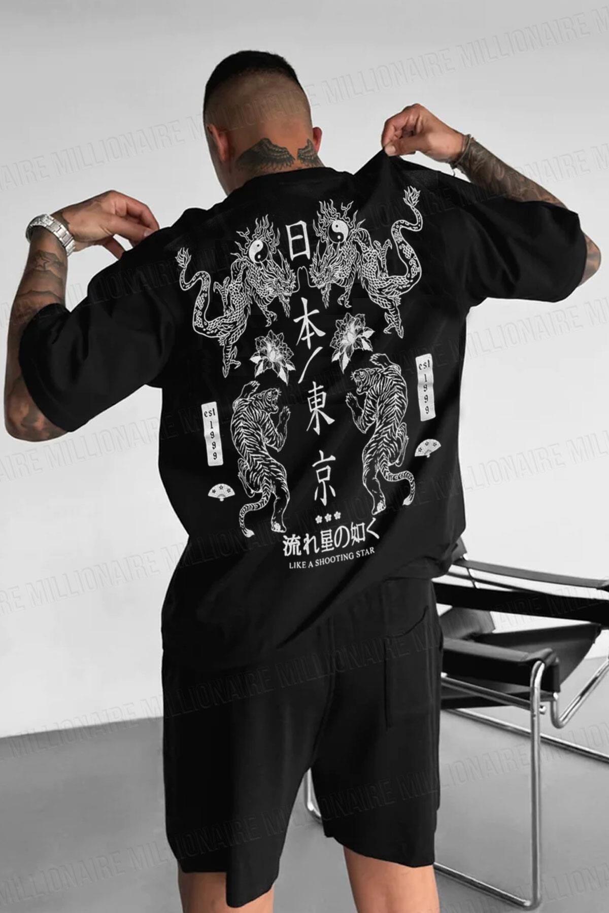 Teenage Millionaire  Erkek Dragon Baskılı Siyah Bisiklet Yaka Oversize Salaş T-Shirt - Görsel 2