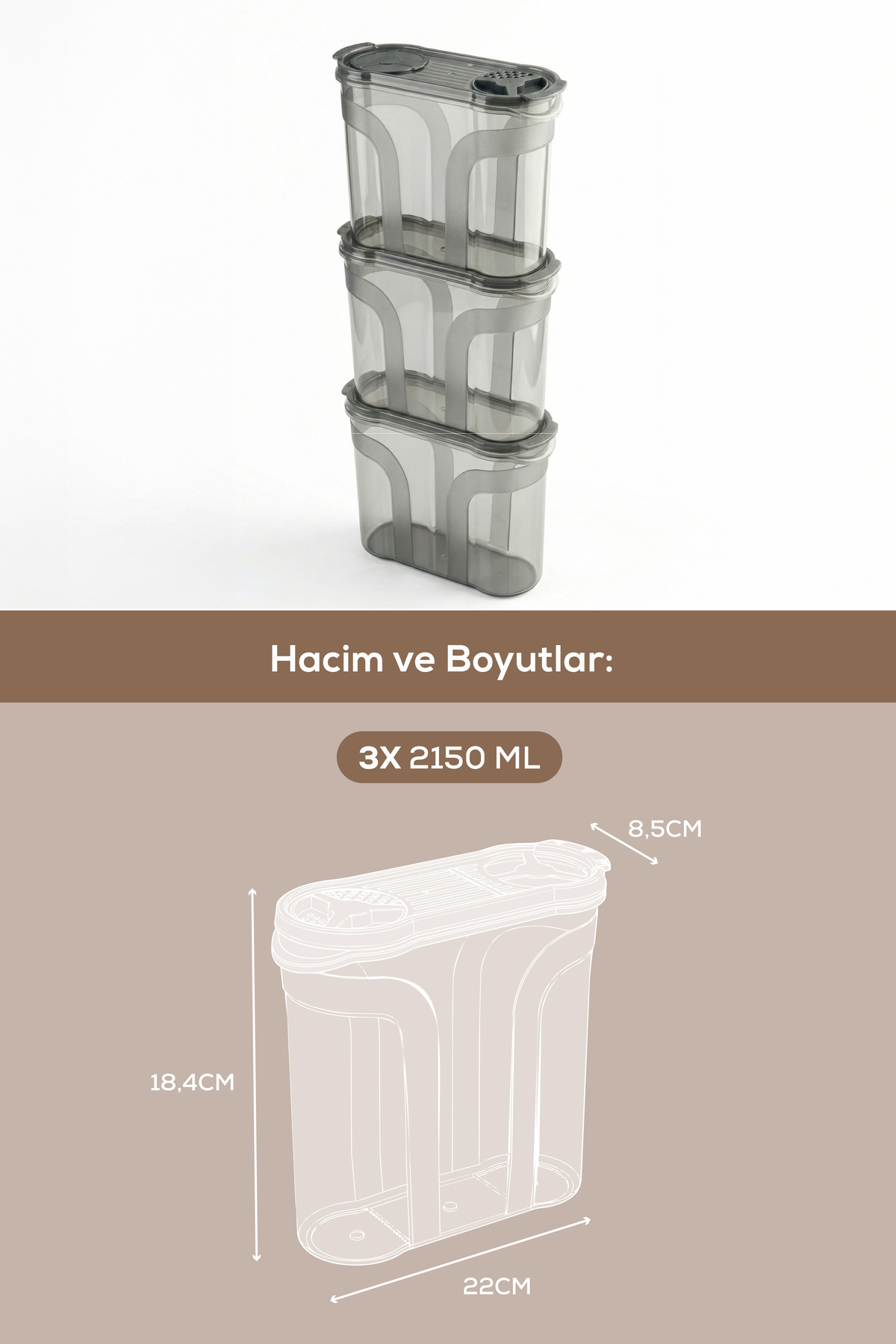 Vienev 3'lü Çift Kapaklı Erzak Saklama Kabı Seti 2150 ml Antrasit