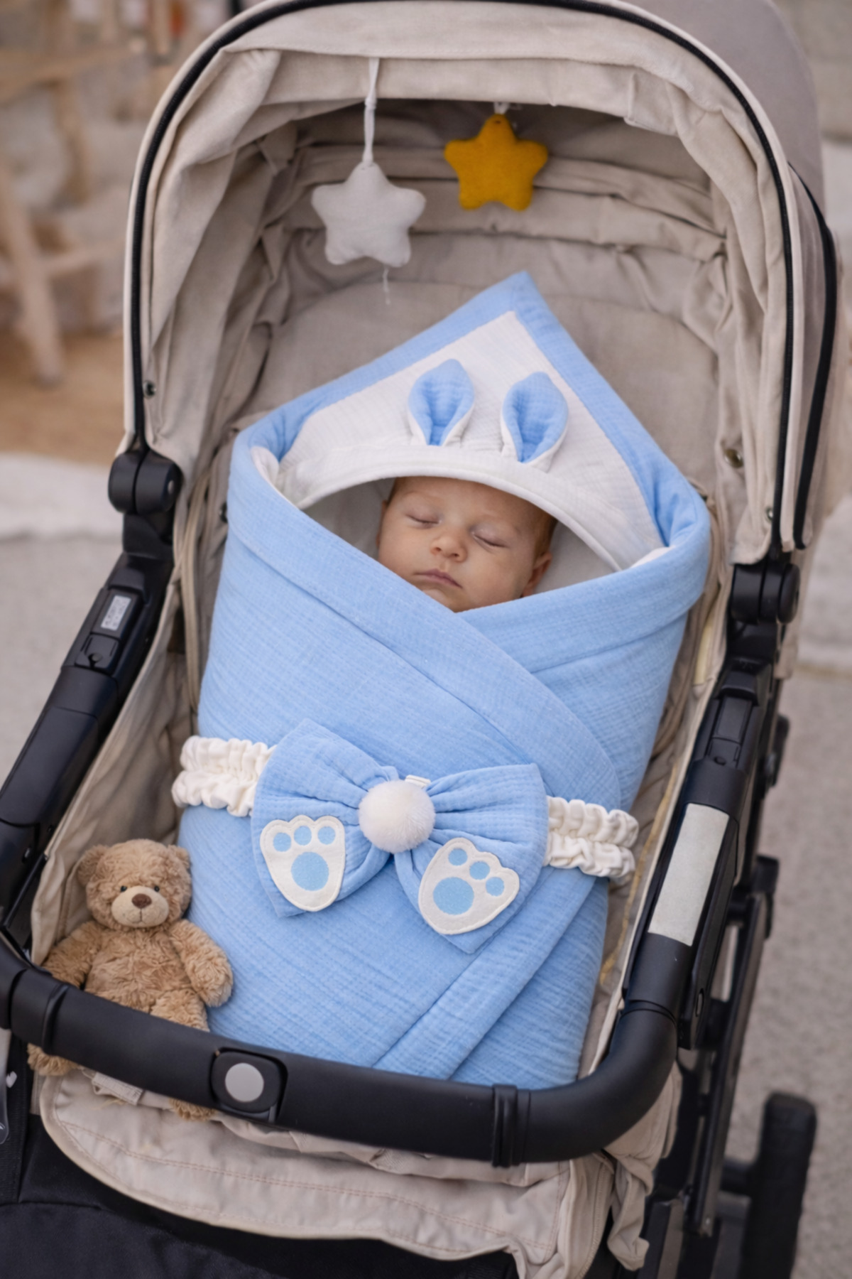 Tomuycuk 4 Kat Müslin Mavi Bebek Battaniyesi %100 Pamuklu Doğal Organik Uyku Kundağı Hastane Çıkışı fotoğrafı 3 (önizleme)