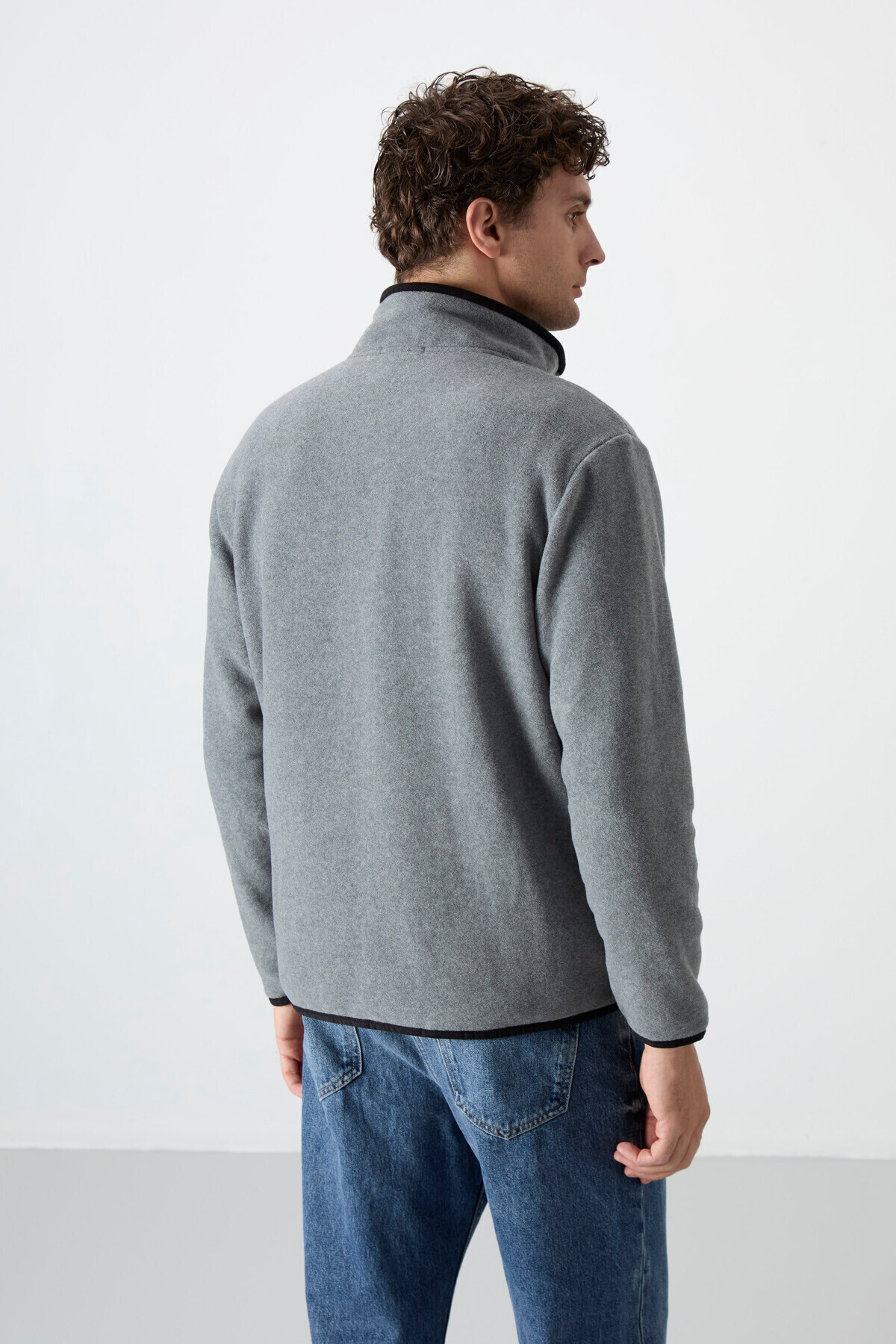 TOMMY LIFE Gri Melanj Yarım Fermuarlı Sweatshirt Slim Fit Dik Yaka Erkek Polar - 87891 görsel 6