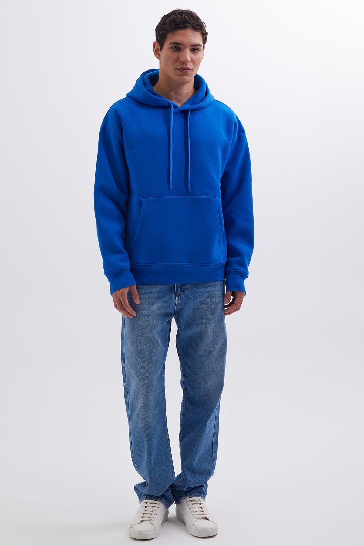 Tudors  Unisex Oversize Geniş Kesim Pamuklu Yumuşak Dokulu İçi Polarlı Basic Sax Mavi Kapüşonlu Sweatshirt - Görsel 4