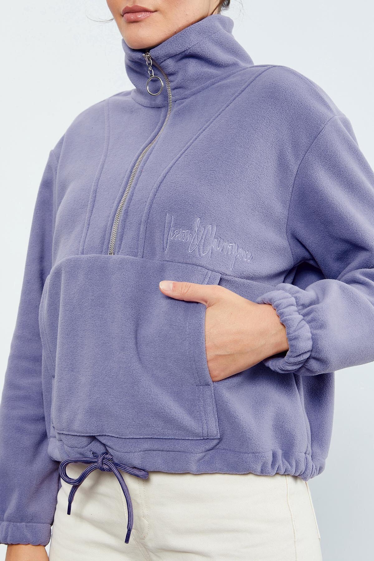 TOMMY LIFE Açık Eflatun Yarım Fermuar Etek Ucu Büzgülü Kadın Polar Standart Kalıp Sweatshirt - 97171 görsel 6