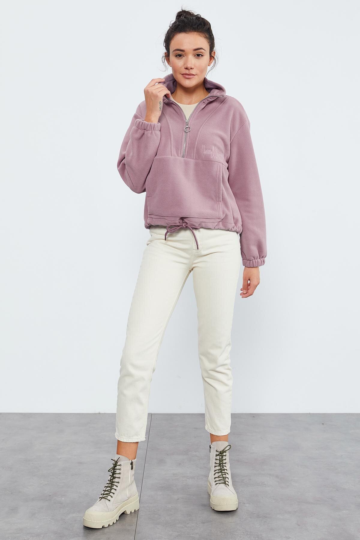 TOMMY LIFE Gül Kurusu Yarım Fermuar Etek Ucu Büzgülü Kadın Polar Standart Kalıp Sweatshirt - 97171 görsel 2