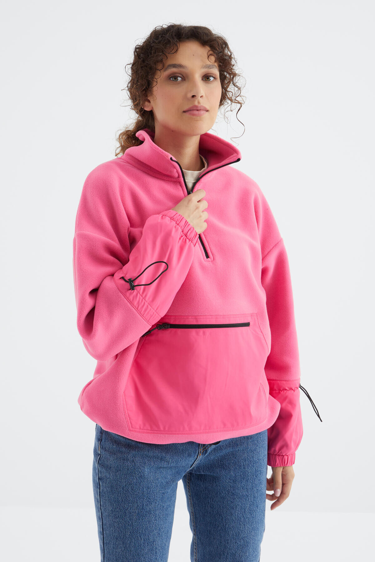 Candy Pink Shirred Hem Half Zippered Oversize Women's Fleece Sweatshirt - 97238
