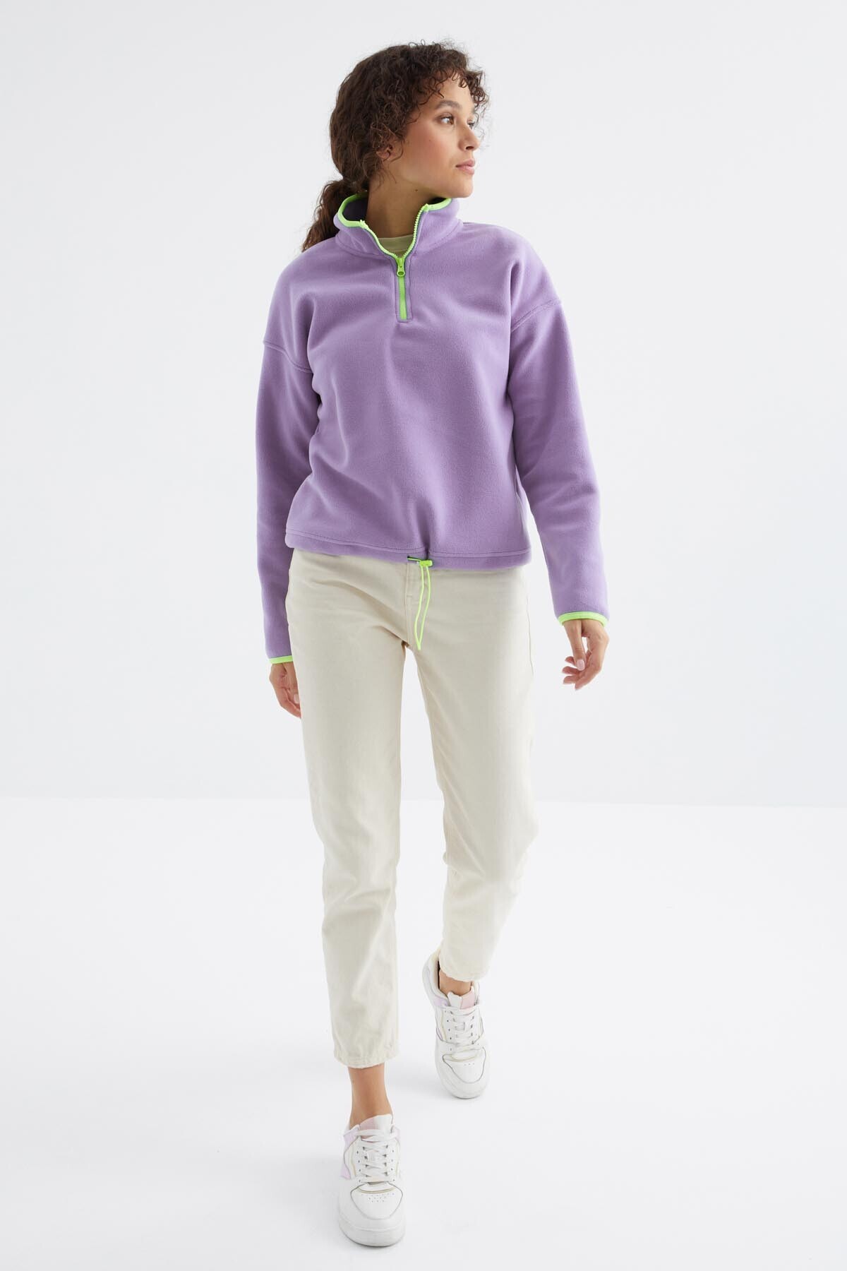 TOMMY LIFE Açık Eflatun Yarım Fermuar Etek Ucu Büzgülü Dik Yaka Standart Kalıp Kadın Polar Sweatshirt - 97234 görsel 4