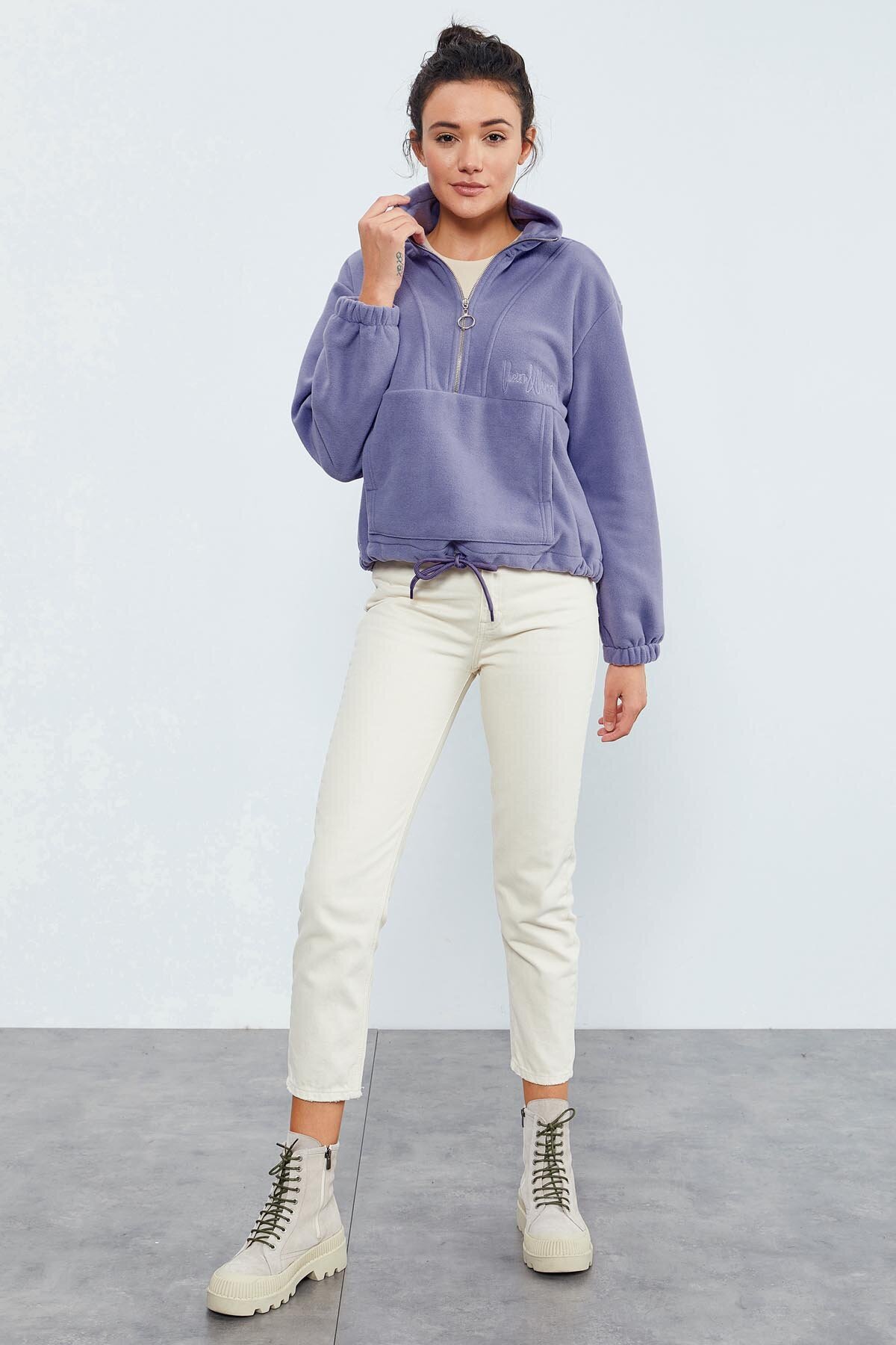 TOMMY LIFE Açık Eflatun Yarım Fermuar Etek Ucu Büzgülü Kadın Polar Standart Kalıp Sweatshirt - 97171 görsel 2