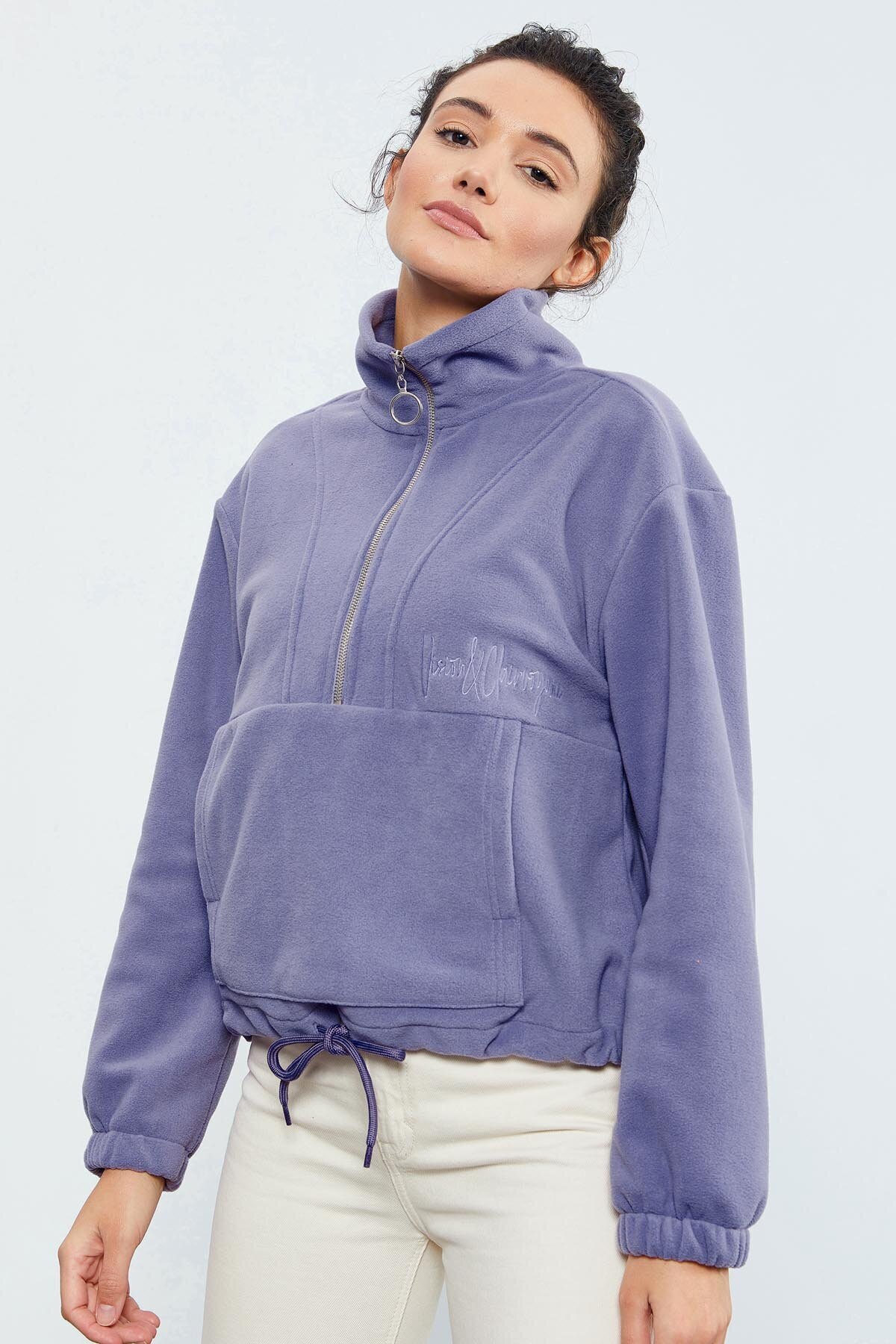 TOMMY LIFE Açık Eflatun Yarım Fermuar Etek Ucu Büzgülü Kadın Polar Standart Kalıp Sweatshirt - 97171 görsel 3