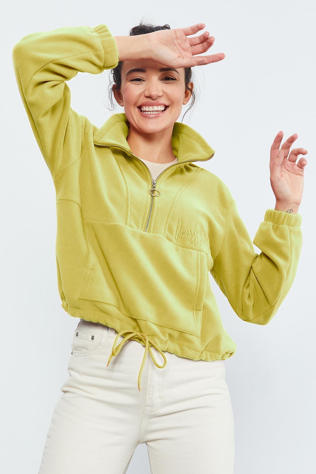 TOMMY LIFE Limon Yarım Fermuar Etek Ucu Büzgülü Kadın Polar
