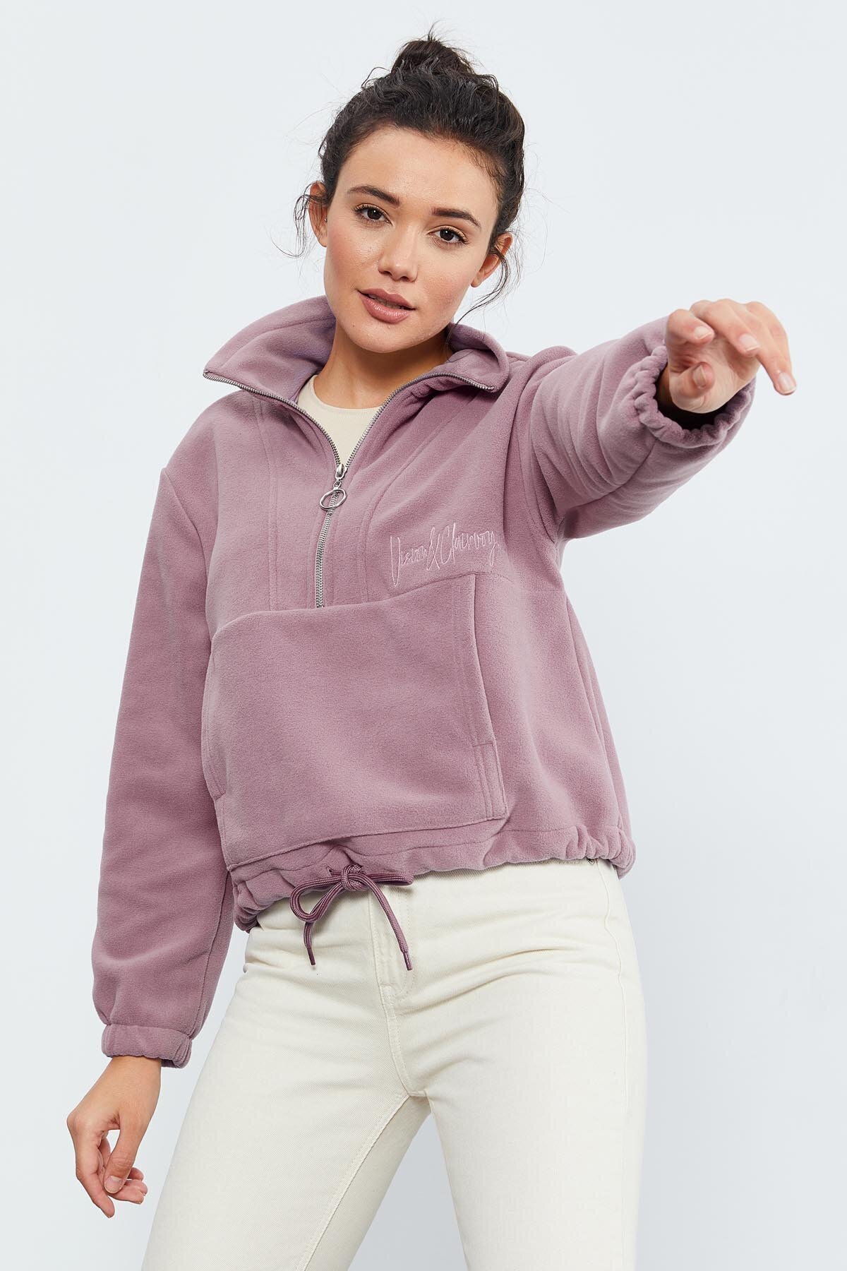 TOMMY LIFE Gül Kurusu Yarım Fermuar Etek Ucu Büzgülü Kadın Polar Standart Kalıp Sweatshirt - 97171 görsel 5