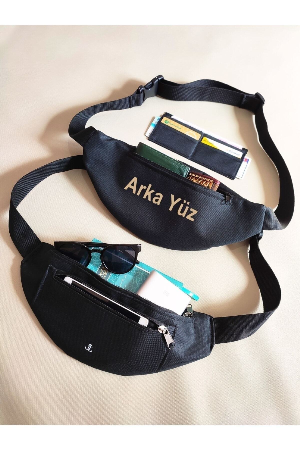 JANJAN Unisex Siyah 3 Gözlü Omuz Ve Bel Çantası Cüzdan Hediyeli görsel 3
