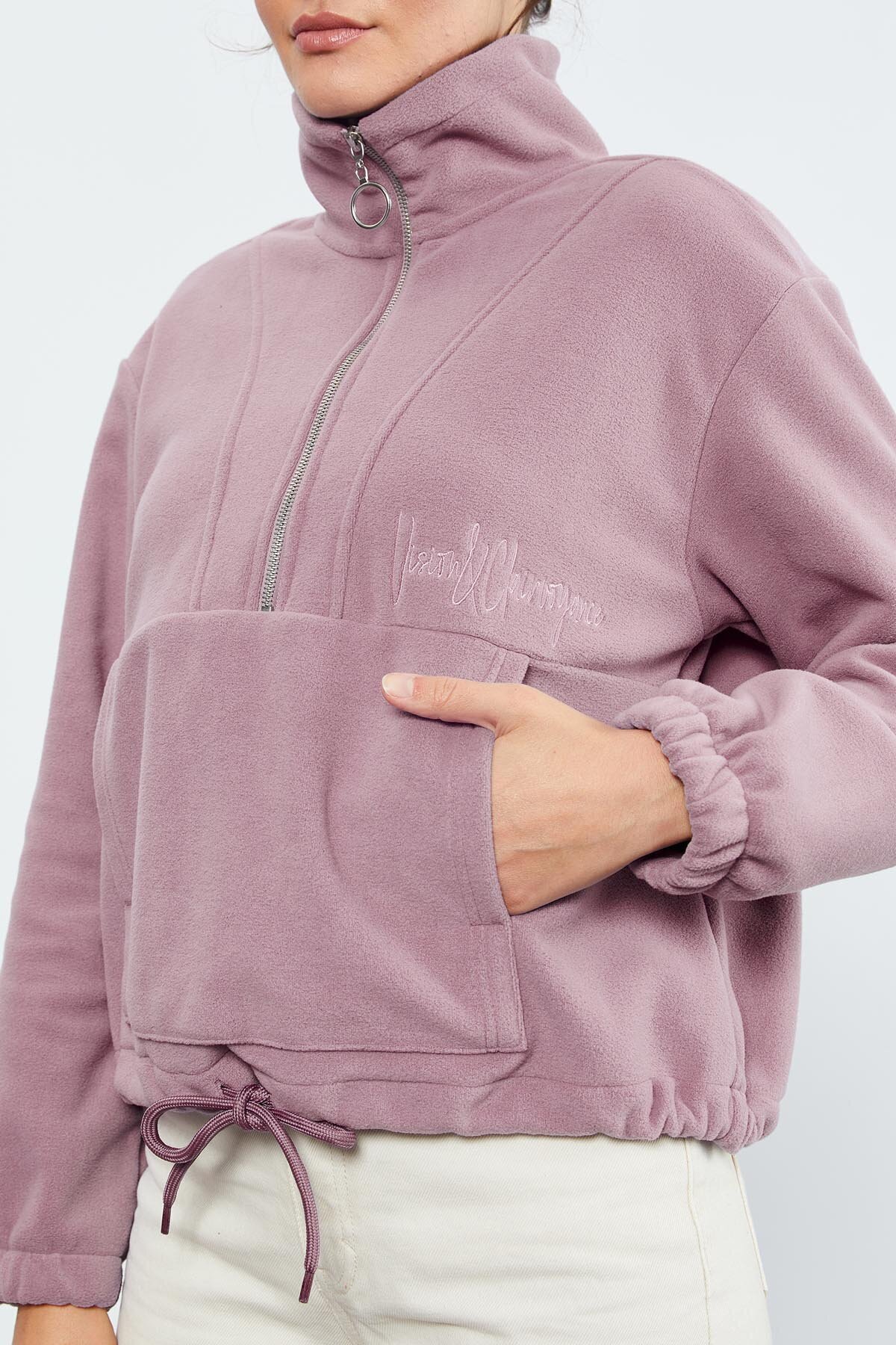 TOMMY LIFE Gül Kurusu Yarım Fermuar Etek Ucu Büzgülü Kadın Polar Standart Kalıp Sweatshirt - 97171 görsel 7