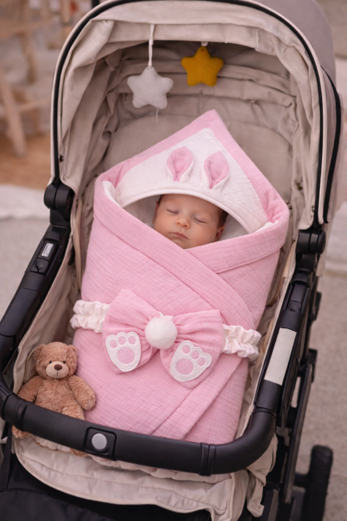 Tomuycuk 4 Kat Müslin Pembe Bebek Battaniyesi %100 Pamuklu Doğal Organik Uyku Kundağı Hastane Çıkışı fotoğrafı 3 (önizleme)