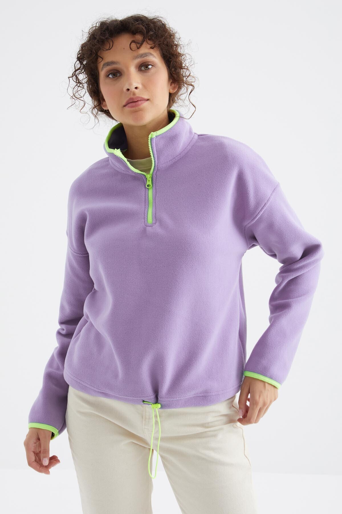 TOMMY LIFE Açık Eflatun Yarım Fermuar Etek Ucu Büzgülü Dik Yaka Standart Kalıp Kadın Polar Sweatshirt - 97234 görsel 5