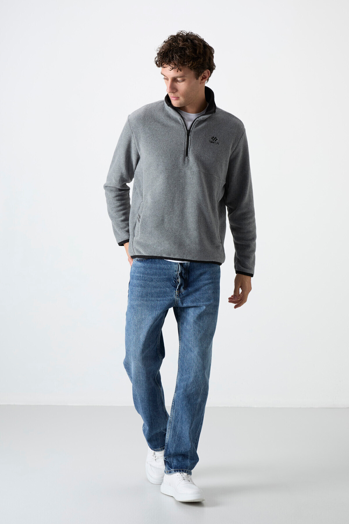 TOMMY LIFE Gri Melanj Yarım Fermuarlı Sweatshirt Slim Fit Dik Yaka Erkek Polar - 87891 görsel 5