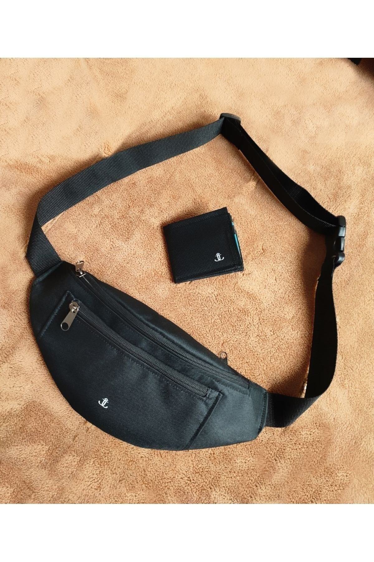 JANJAN Unisex Siyah 3 Gözlü Omuz Ve Bel Çantası Cüzdan Hediyeli görsel 5