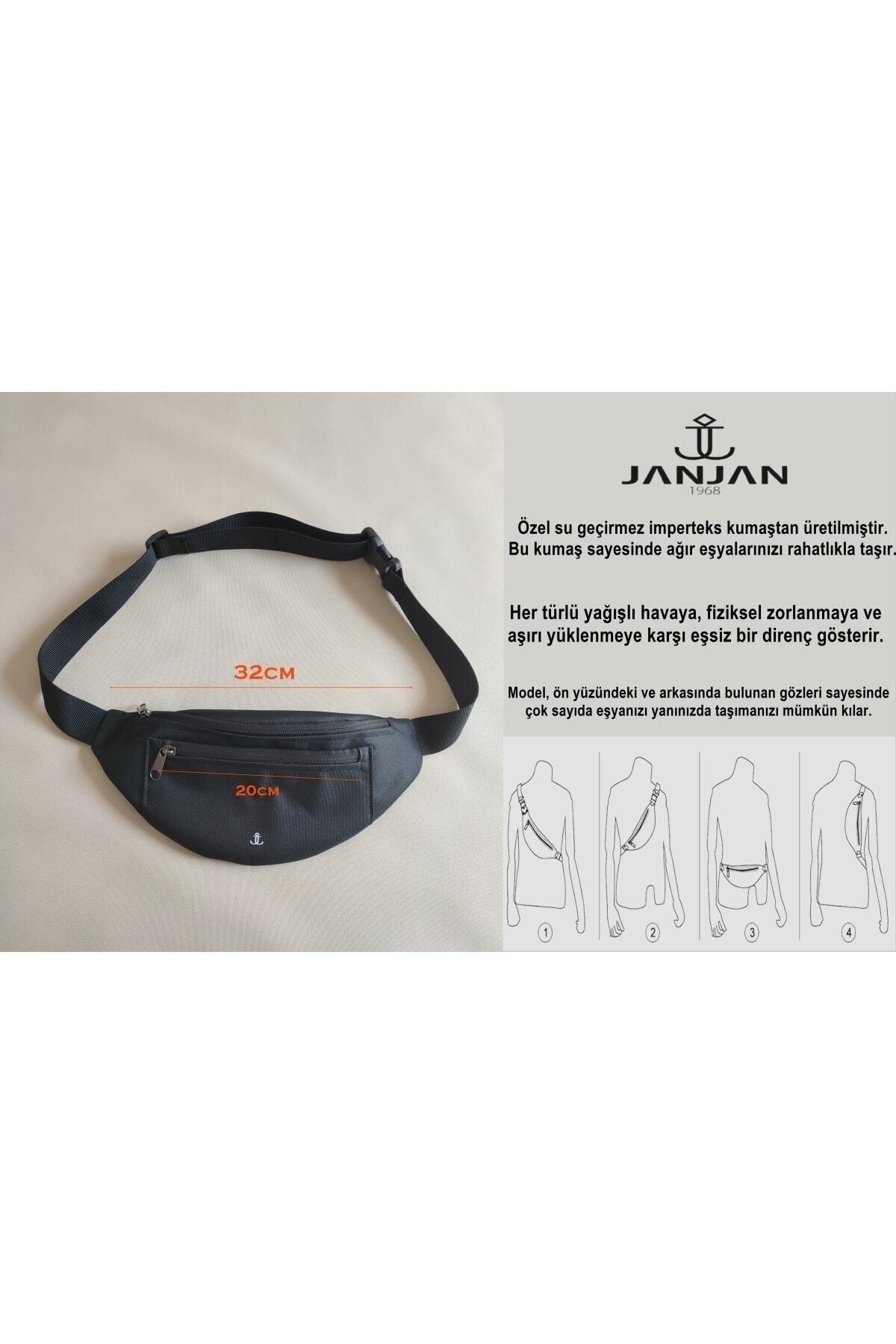 JANJAN Unisex Siyah 3 Gözlü Omuz Ve Bel Çantası Cüzdan Hediyeli görsel 8
