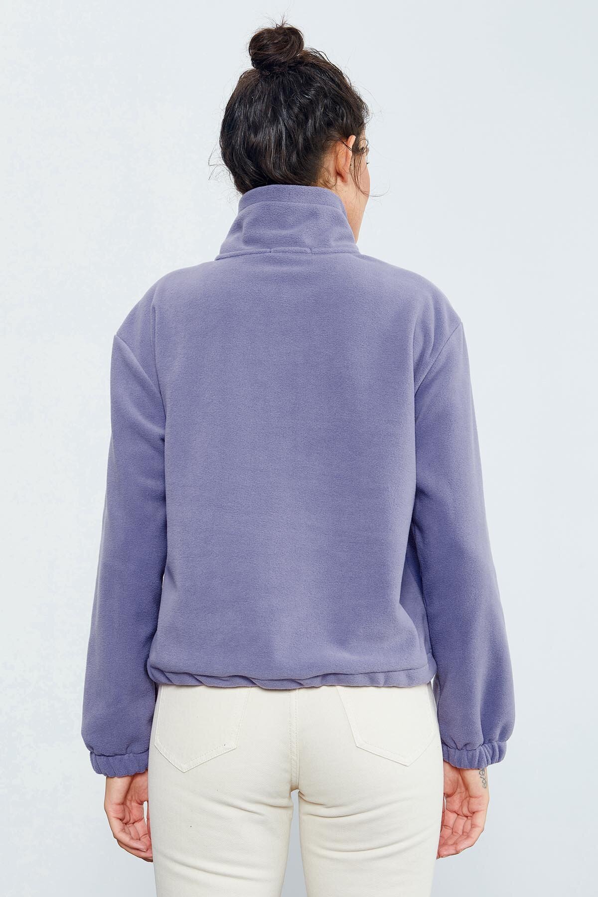 TOMMY LIFE Açık Eflatun Yarım Fermuar Etek Ucu Büzgülü Kadın Polar Standart Kalıp Sweatshirt - 97171 görsel 7