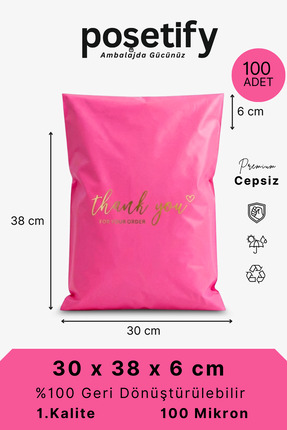 POŞETİFY Premium Renkli Kargo Poşeti 30x38x6 cm | 100 Adet | Thank You Baskıl...