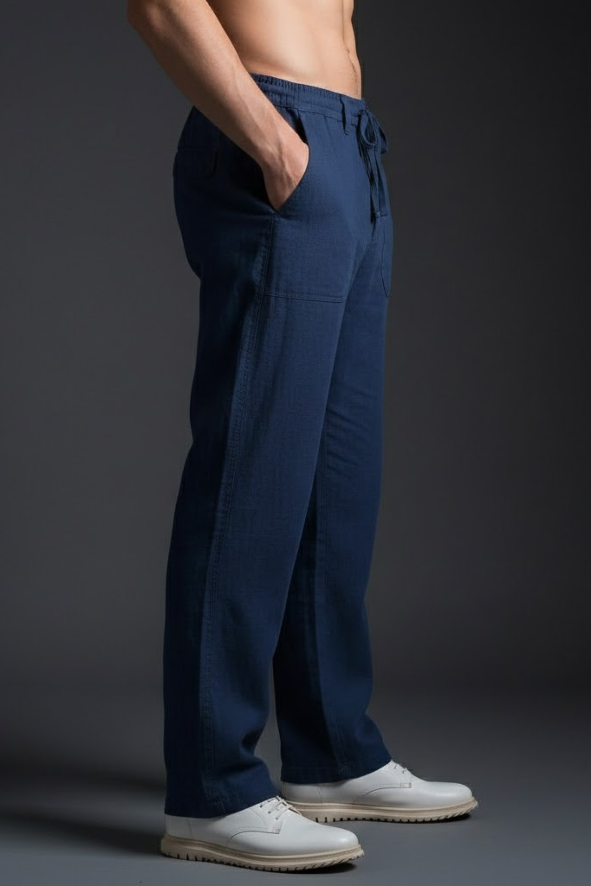 COMBİNE MİCHAİL  Erkek Salaş Bol Paça Lacivert Keten Pantolon - Görsel 2