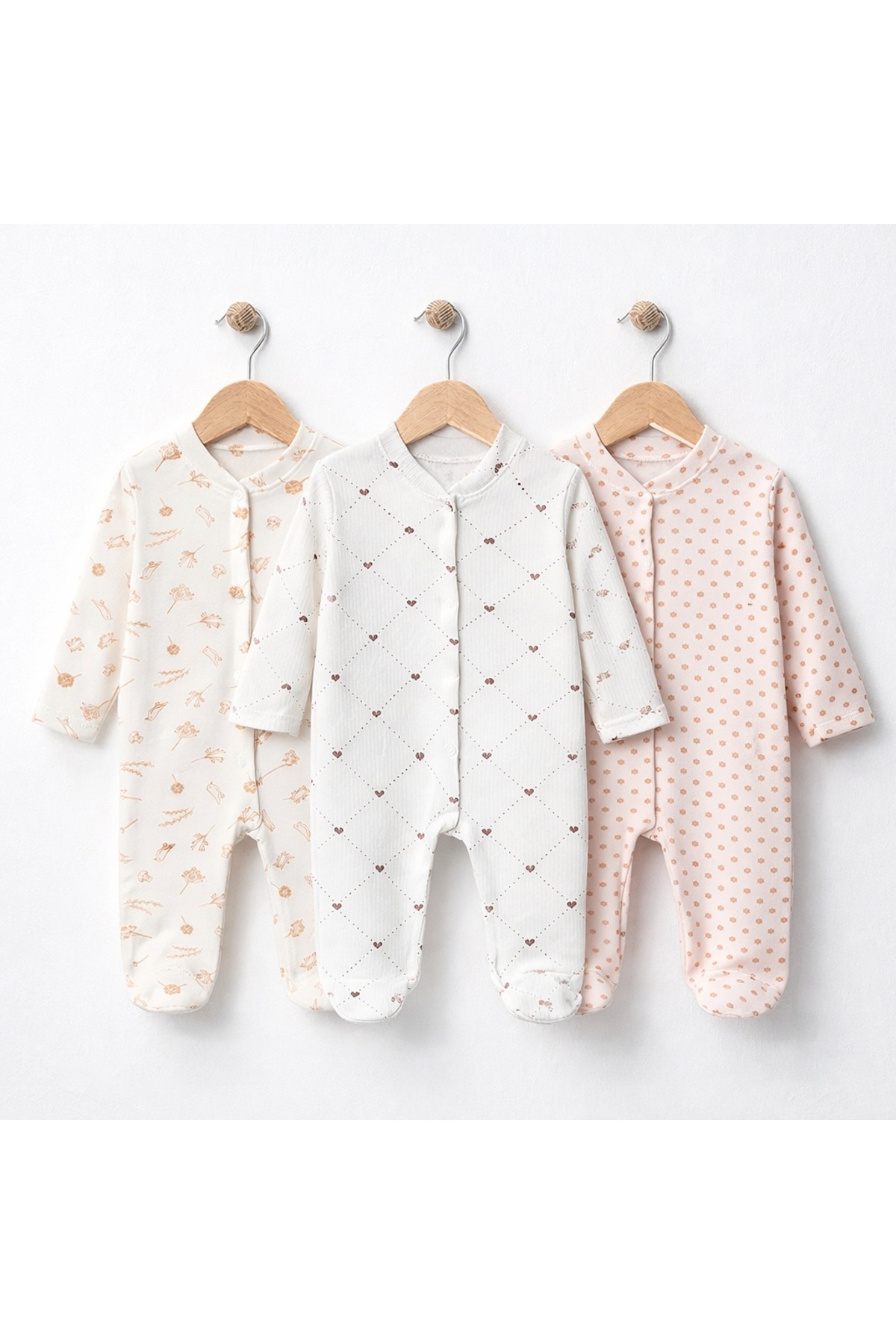 ENİA BABY Baby Girl 3-Piece 100% Cotton Patterned Newborn Romper Set |   Snap...