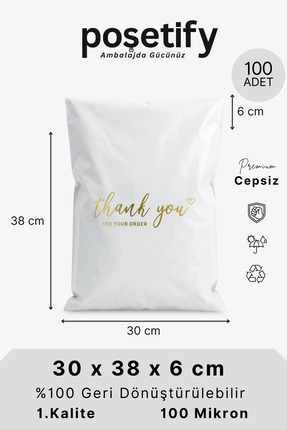 POŞETİFY Premium Renkli Kargo Poşeti 30x38x6 cm | 100 Adet | Thank You Baskıl...