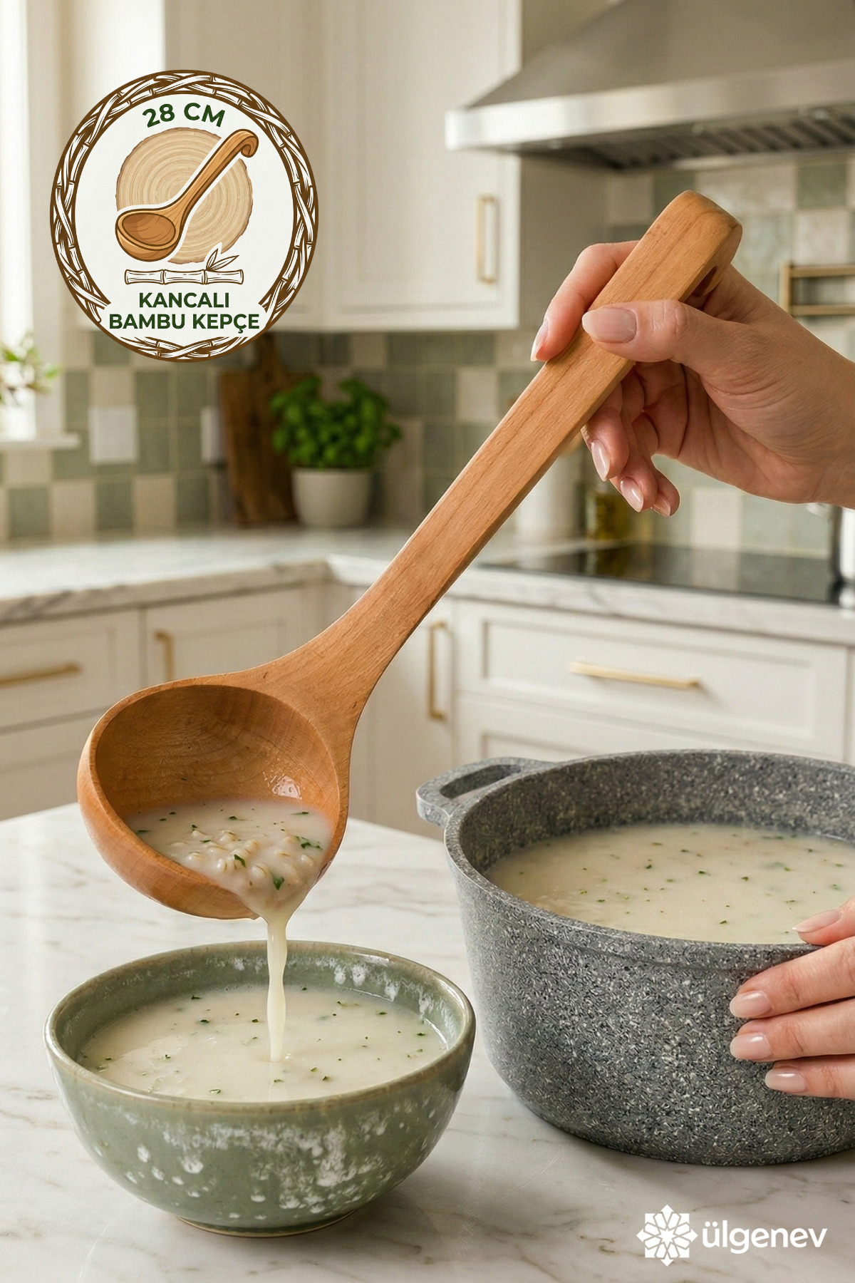 Ülgenev 1 Adet 28 Cm Vernikli Doğal Bambu Kancalı Kepçe
