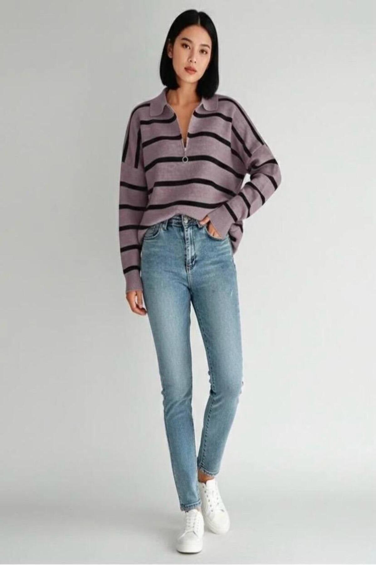 Cockatoo Košulja kragna Prugasto džempera sa patentnim zatvaračem