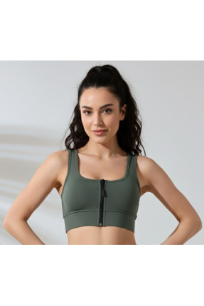 Derucce Haki Pedli Fermuarlı Spor Büstiyer - Sports Bra / Crop Destekli Sporc...