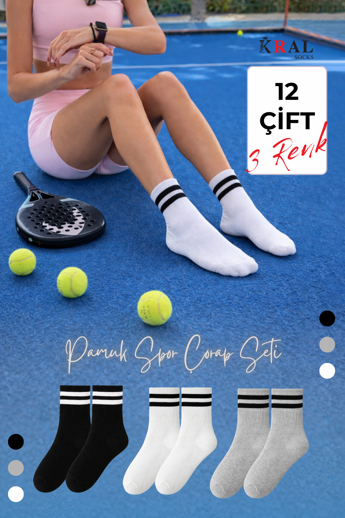 Lüx Kral 12 Çift Unisex Pamuklu Çizgili Kolej Tenis Spor Çorap