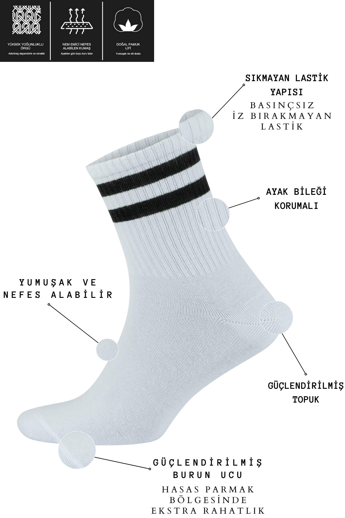 Lüx Kral 12 Çift Unisex Pamuklu Çizgili Kolej Tenis Spor Çorap görsel 3