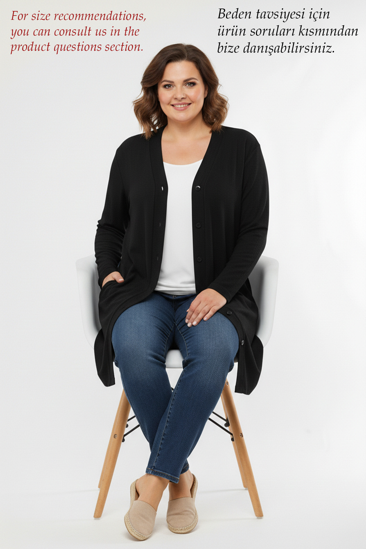 Laden  Büyük Beden Kadın Baharlık Yazlık Kadın Nefes Alan Bürümcük Örme Kumaş Anne Klasik Siyah Hırka - Görsel 7