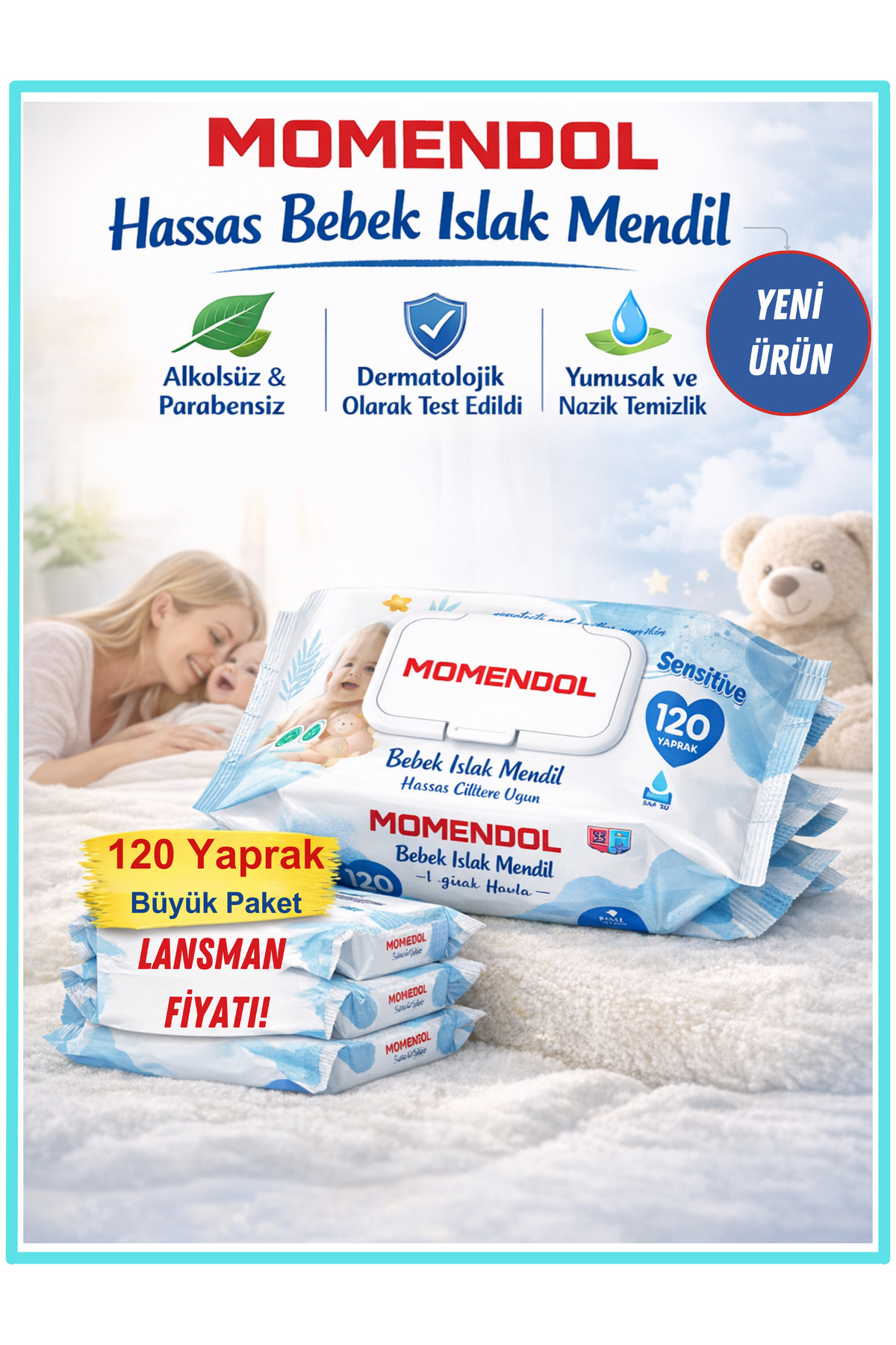 momendol 120li Bebek Islak Mendil Saf Su Bazlı Parfümsüz Hassas Yenidoğan %0 Alkol Paraben Sensitive Havlu fotoğrafı 7 (önizleme)