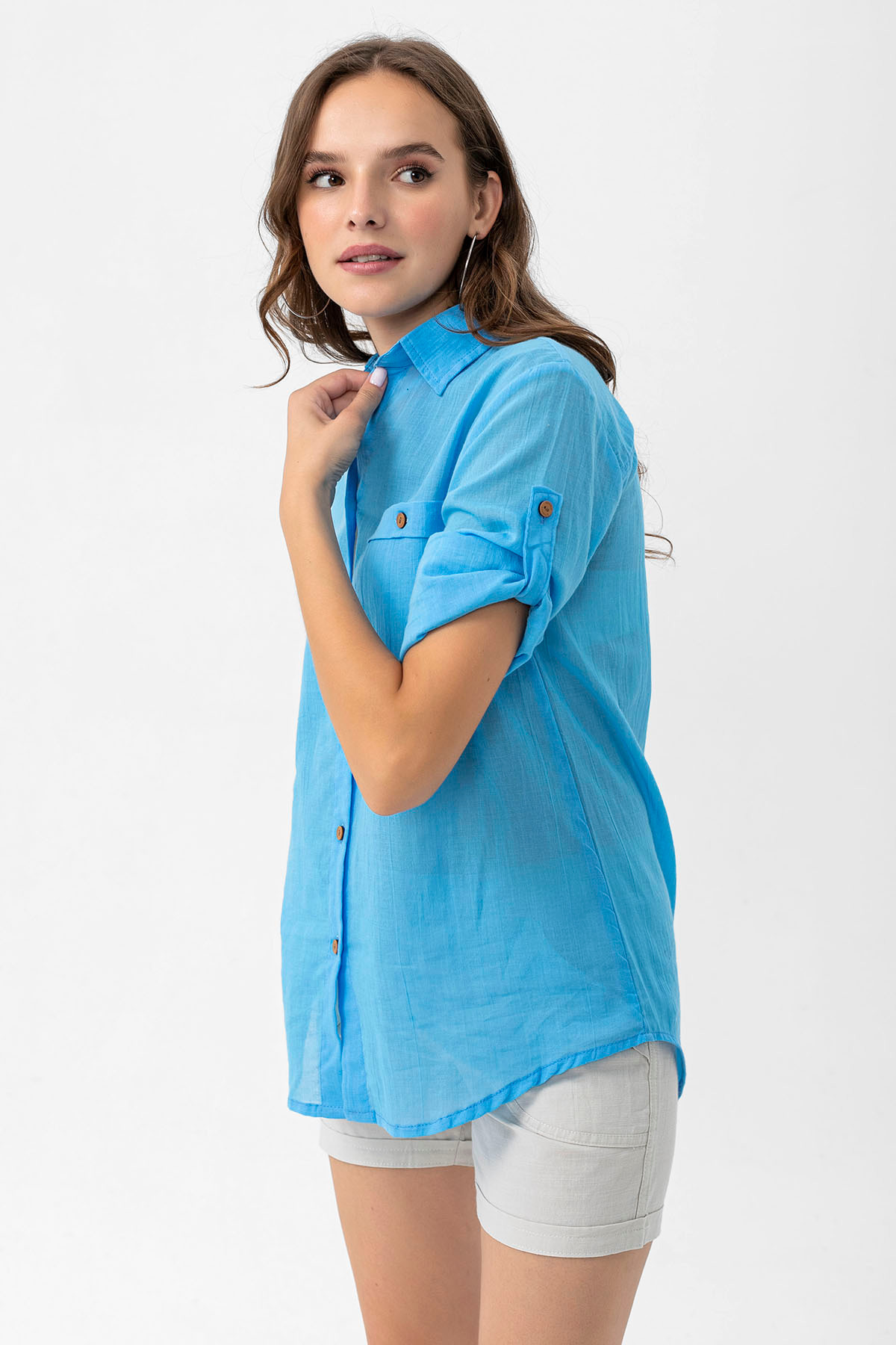 Heaven Ephesus  Vual Yakalı Pamuklu Cep Detaylı Gömlek -1570 - Görsel 5