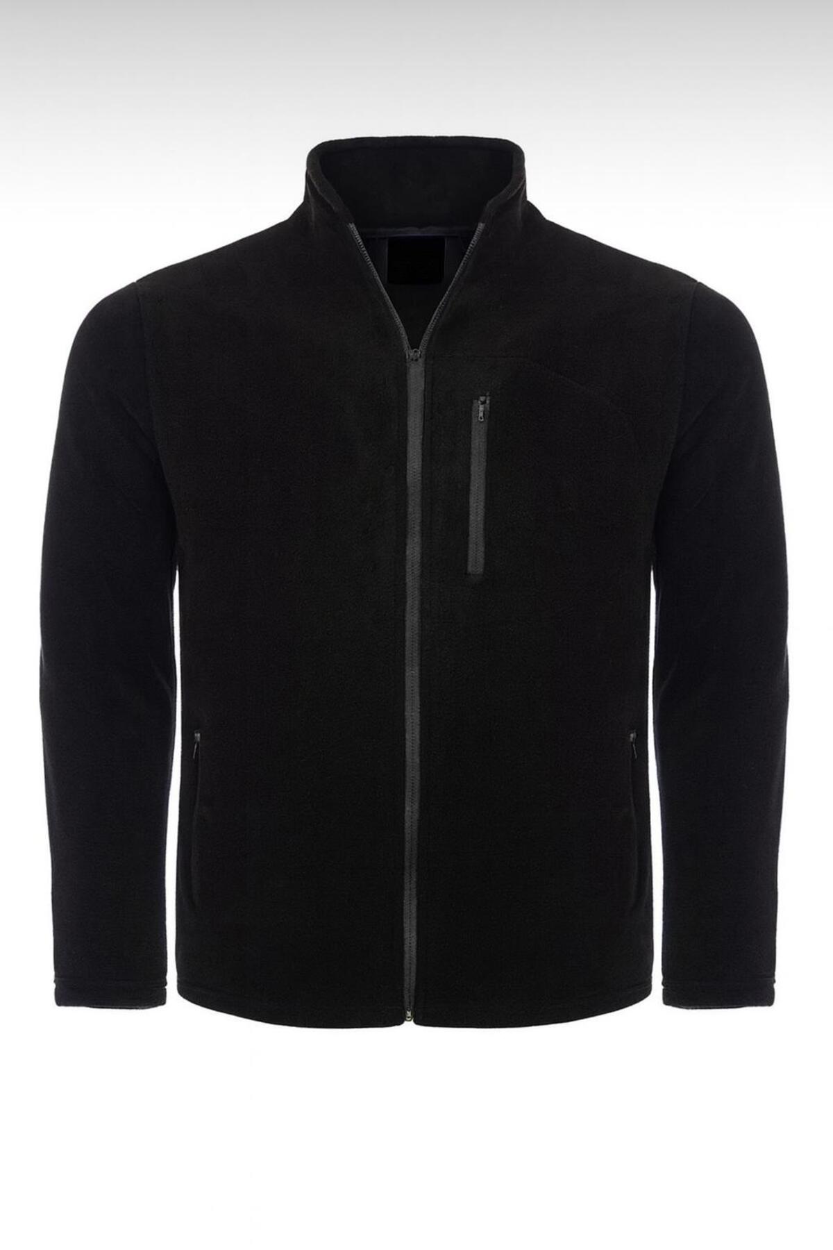 pandy  Unisex Siyah Polar Tam Fermuarlı 3 Cepli Outdoor Polar Ceket