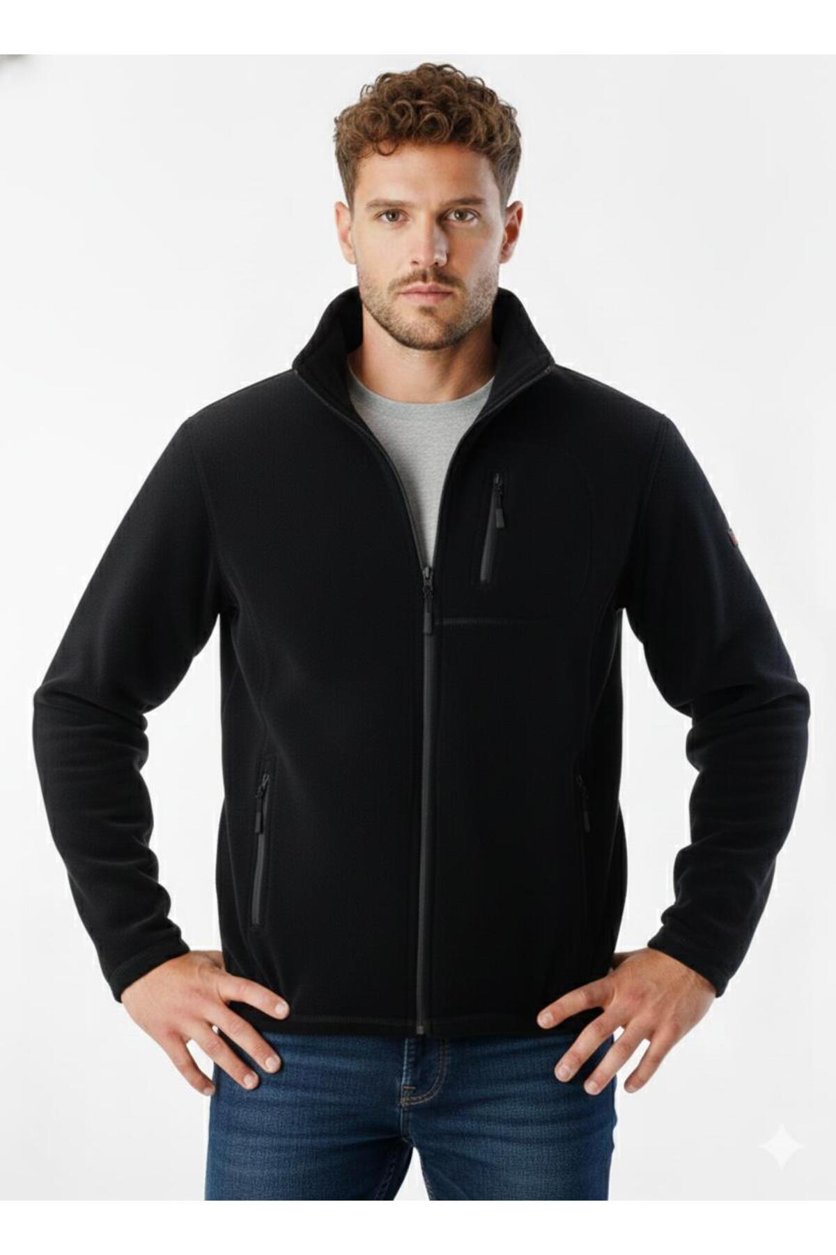 pandy  Unisex Siyah Polar Tam Fermuarlı 3 Cepli Outdoor Polar Ceket - Görsel 4