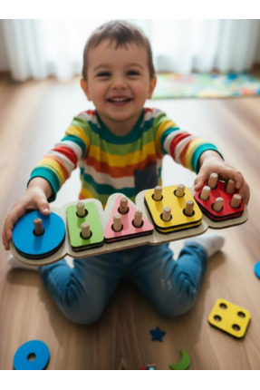 Bigibigi Montessori Ahşap Eğitici 5li Geometrik Renk Şekil Sayı Eşleştirme Oy...