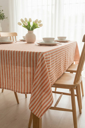 Kayasoft Turuncu Beyaz Çizgili Masa Örtüsü – Pamuk Keten Dikdörtgen Sofra Örtüsü
