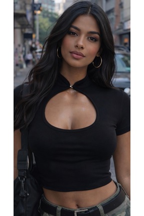 ARI MODA Siyah Damla Yaka Kısa Kol Bluz