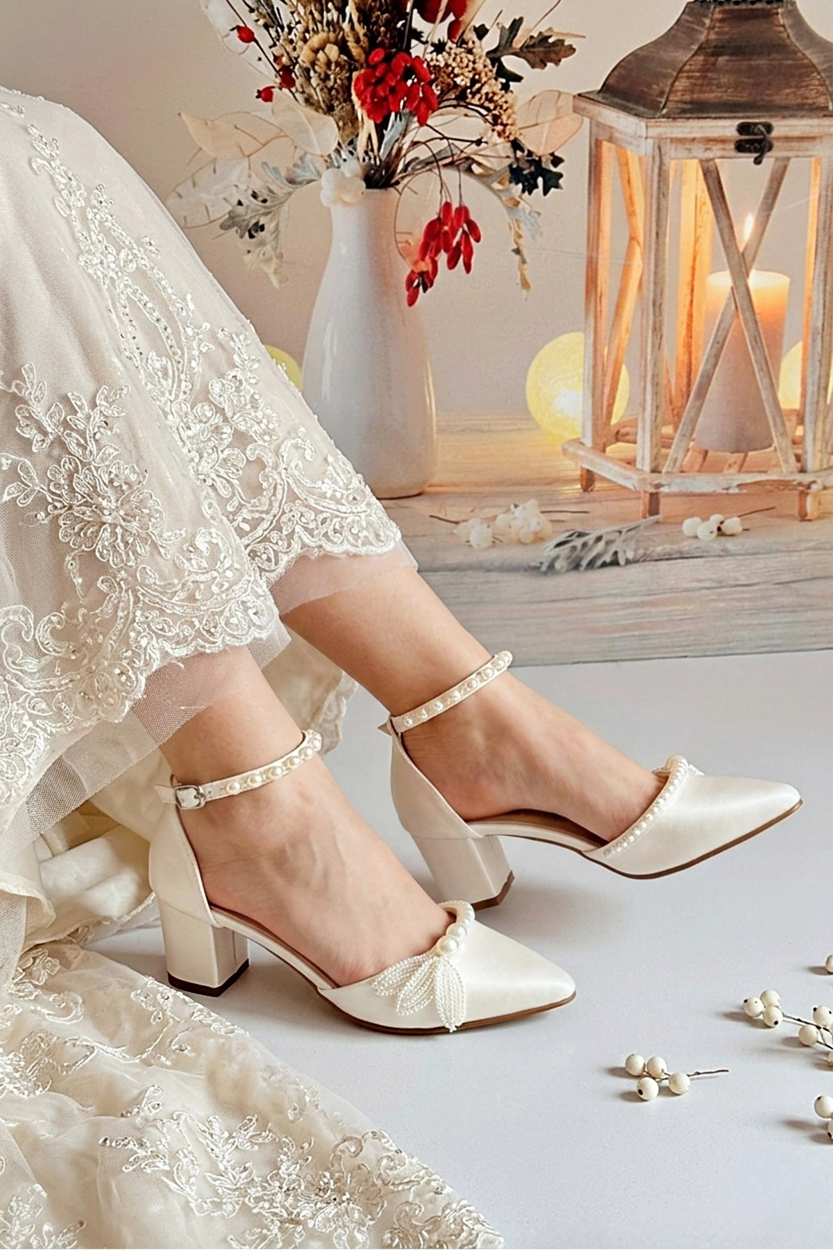 Modavien  Kadın 5 Cm Incili Gelin Ayakkabısı