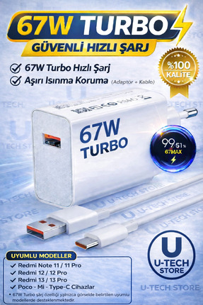 utechno 67W (WATT) Turbo Hızlı Şarj Adaptör+Kablo(Set) Xiaomi Redmi Note 11/1...