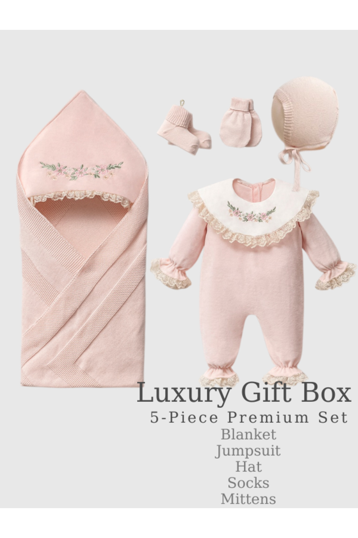 Naka Concept Pembe 5’li Yenidoğan Kız Bebek Hastane Çıkışı Seti Nakışlı Tulum+Battaniye+Şapka+Eldiven+Patik fotoğrafı 3 (önizleme)