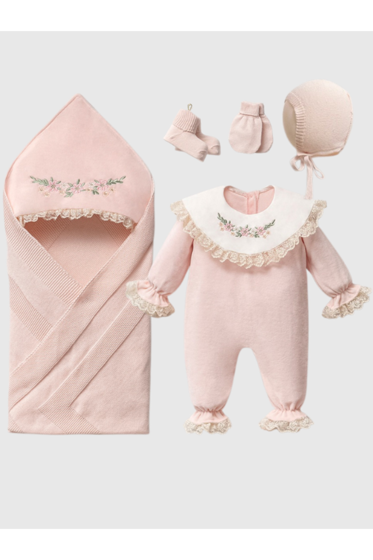 Naka Concept Pembe 5’li Yenidoğan Kız Bebek Hastane Çıkışı Seti Nakışlı Tulum+Battaniye+Şapka+Eldiven+Patik fotoğrafı 5 (önizleme)